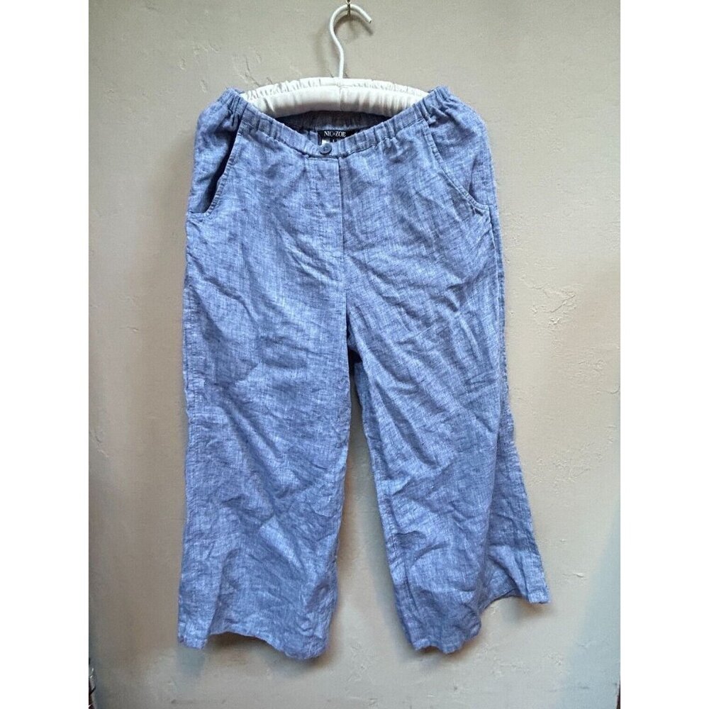 Nic+Zoe Women's Chambray Linen Capri Pants Mid-Rise Elastic Blue Small